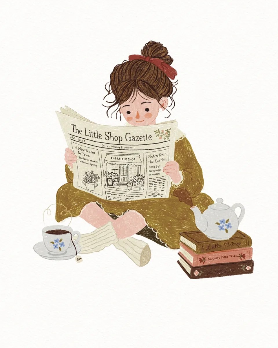 Cozy illustration of a girl reading The Little Shop Gazette beside tea and stacked books.