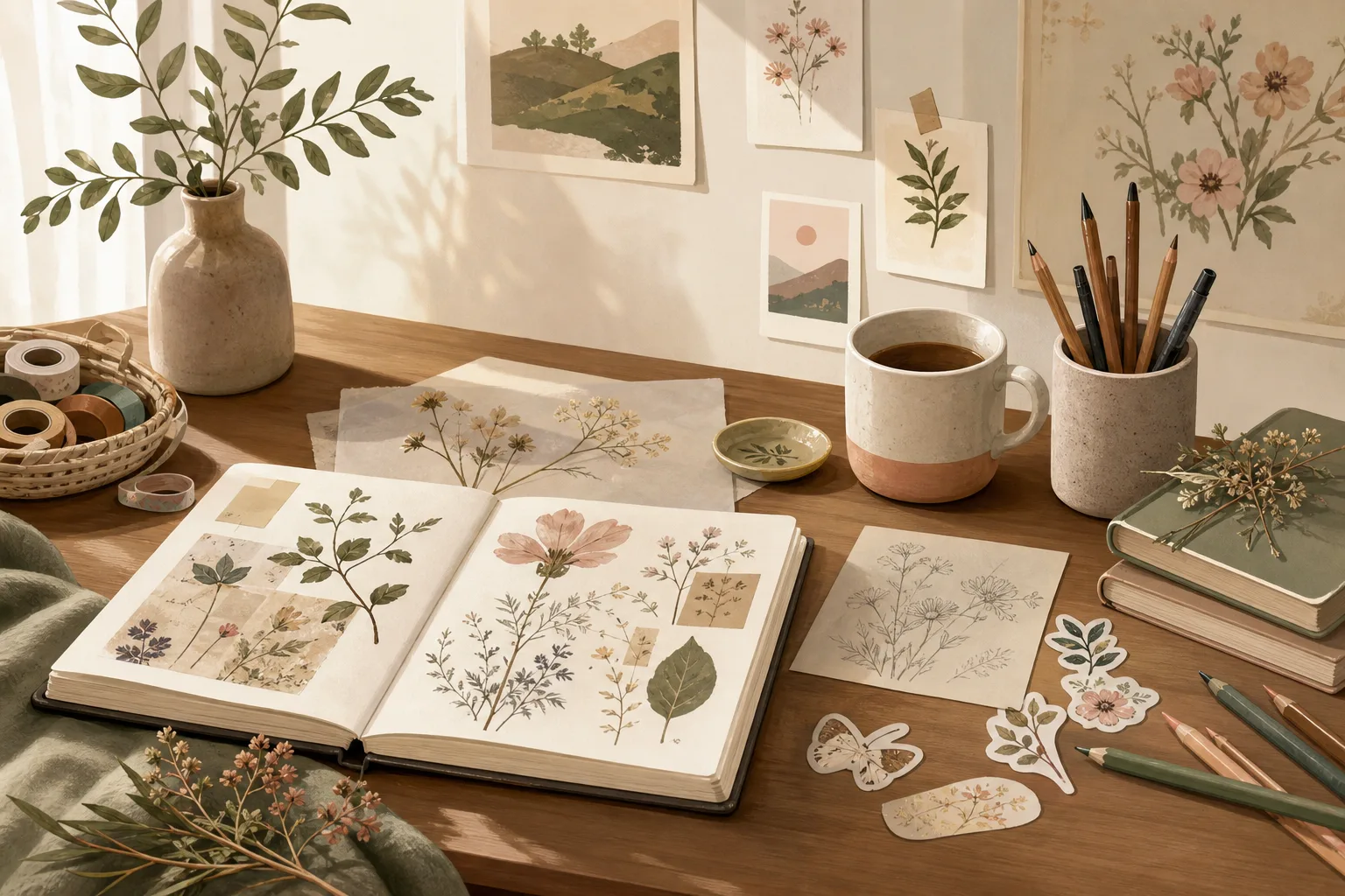 Soft illustrated sketchbook scene representing Cozy Things to Draw.